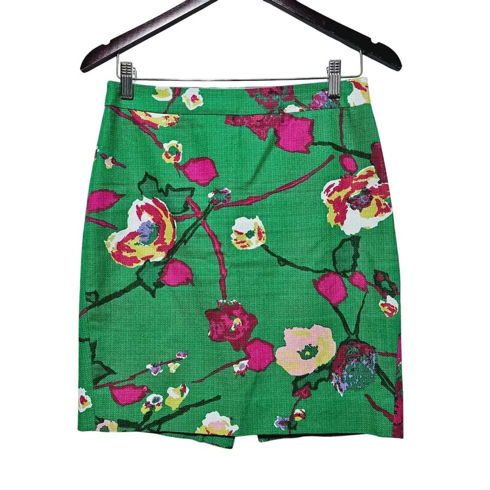 J.Crew Pencil Skirt Women's Size 2P Green Floral Cotton Office Career Cocktail